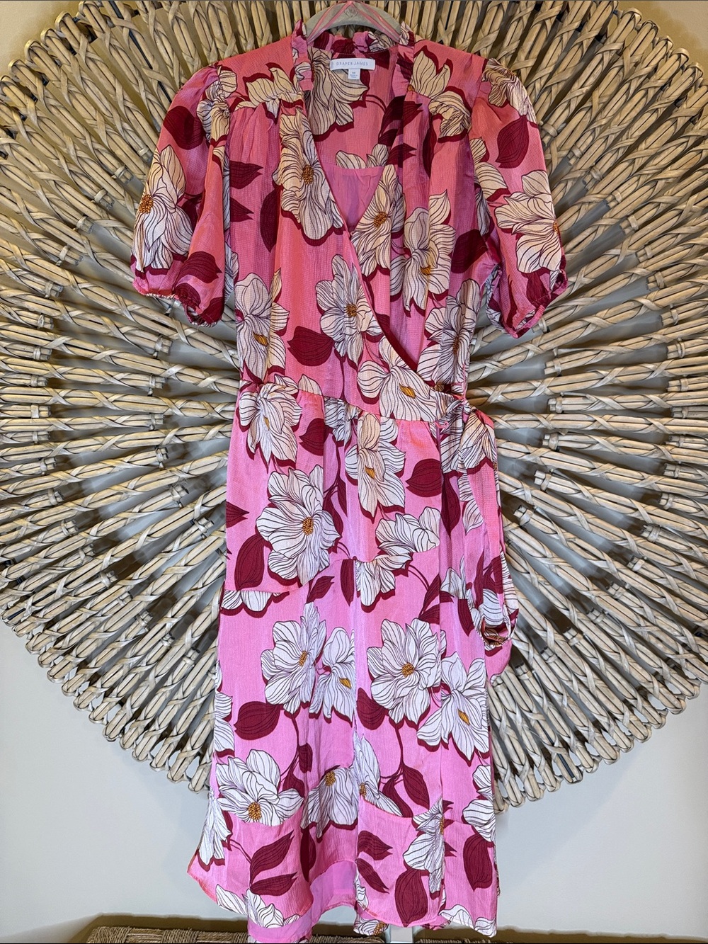 Draper James Pink Floral Wrap Dress with Puff Sleeves